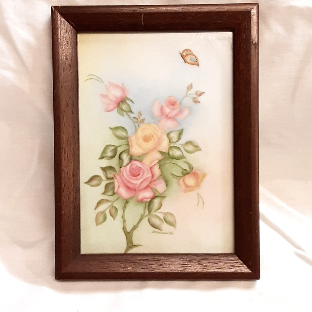 Vintage Hand Painted  Rose Framed Tile Art Wall Decor Signed